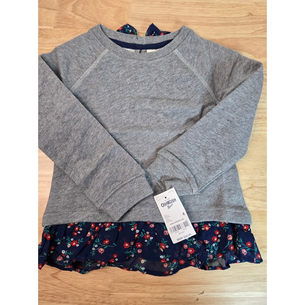 OshKosh Bgosh Girls Grey Floral Ruffle Hem Sweatshirt Bow Back Size 4 NWT